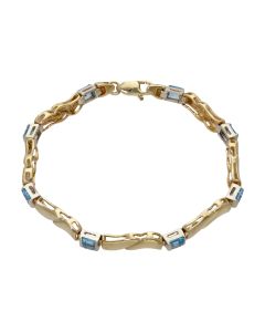 Pre-Owned 9ct Gold 7" Blue Topaz Set Wave Bar Link Bracelet