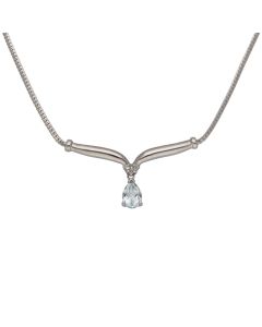 Pre-Owned 9ct White Gold Aquamarine Teardrop Wishbone Necklet