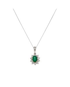 Pre-Owned 18ct Gold Emerald & Diamond Cluster Pendant Necklace