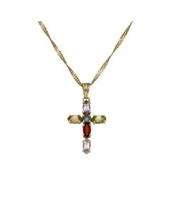 Pre-Owned 9ct Yellow Gold 17" Gemstone Set Cross Necklace
