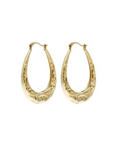 Pre-Owned 9ct Yellow Gold Scroll Patterned Oval Creole Earrings