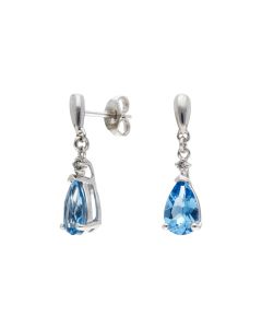Pre-Owned 9ct White Gold Blue Topaz & Diamond Drop Earrings