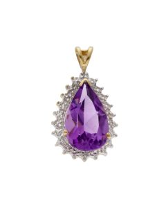 Pre-Owned 9ct Gold Amethyst & Diamond Pear Cluster Pendant