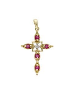 Pre-Owned 9ct Yellow Gold Ruby & Diamond Cross Pendant