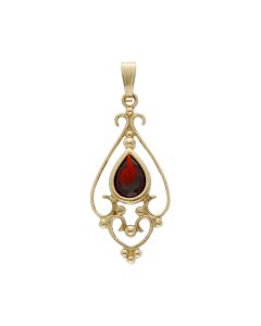 Pre-Owned 9ct Yellow Gold Garnet Teardrop Set Filigree Pendant