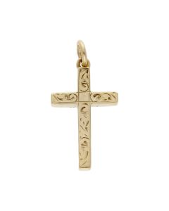Pre-Owned 9ct Yellow Gold Patterned Block Cross Pendant