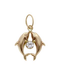 Pre-Owned 9ct Yellow Gold Cubic Zirconia Double Dolphin Pendant