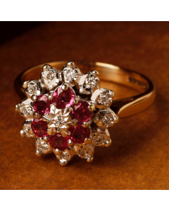Pre-Owned Vintage 1987 9ct Gold Ruby & Diamond Cluster Ring