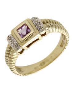 Pre-Owned 9ct Yellow Gold Amethyst & Diamond Dress Ring