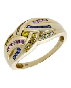 Pre-Owned 9ct Yellow Gold Multi Gemstone Crossover Wave Ring