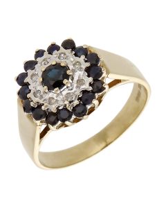 Pre-Owned 9ct Yellow Gold Sapphire & Diamond Cluster Ring