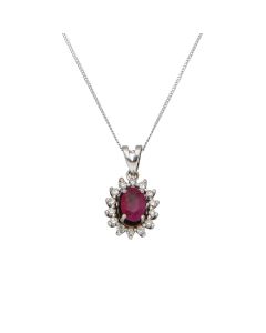 Pre-Owned White Gold Ruby & Diamond Cluster Pendant Necklace