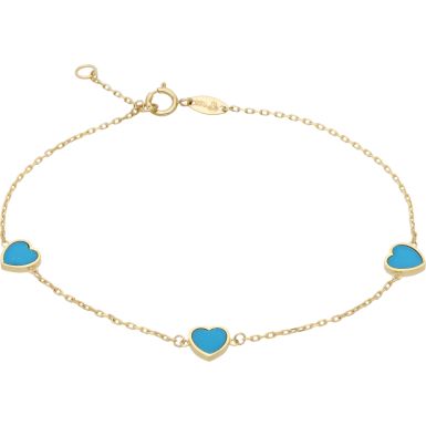New 9ct Yellow Gold 3 Turquoise Heart 7.5" Bracelet