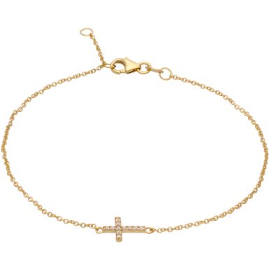 New 9ct Gold Cubic Zirconia Sideways Resurrection Cross Bracelet