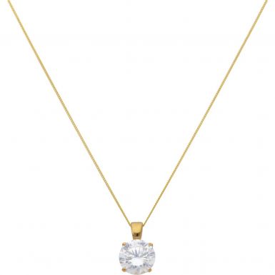 New 9ct Gold 8mm Cubic Zirconia Solitaire Pendant & Necklace