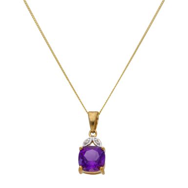 New 9ct Yellow Gold Amethyst & Diamond 18 Inch Necklace