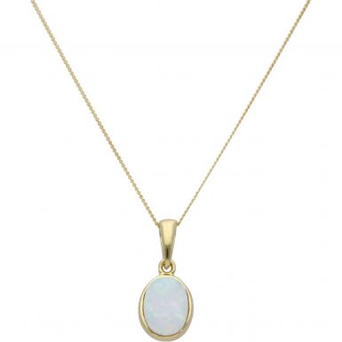 New 9ct Yellow Gold Cultured Opal Pendant & 18" Chain Necklace