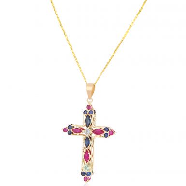 New 9ct Gold Ruby Sapphire & Aquamarine Cross & Chain Necklace