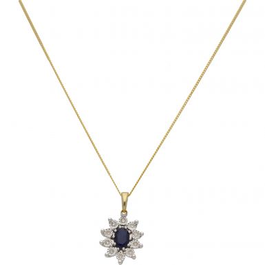 New 9ct Gold Sapphire & Diamond Cluster Pendant & 18" Necklace
