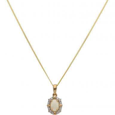 New 9ct Yellow Gold Opal & Diamond Pendant & 18" Necklace