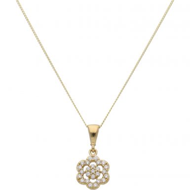 New 9ct Yellow Gold Cubic Zirconia Daisy Pendant & 18" Necklace