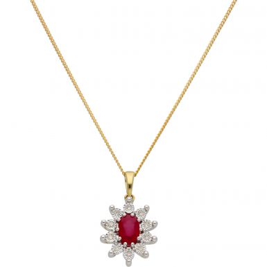 New 9ct Gold Ruby & Diamond Oval Cluster Pendant & 18" Necklace