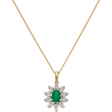 New 9ct Gold Emerald & Diamond Cluster Pendant & 18" Necklace
