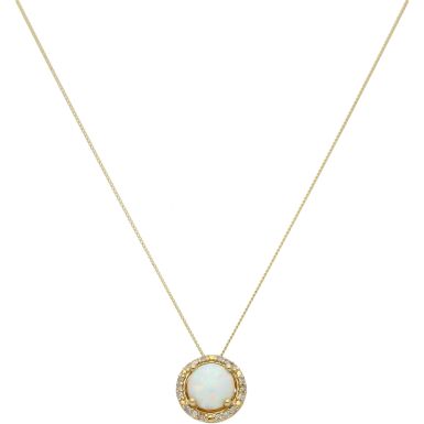New 9ct Yellow Gold Cultured Opal & Diamond Halo & 18" Necklace