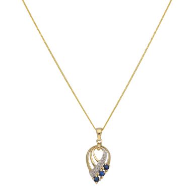 New 9ct Yellow Gold Sapphire & Diamond Swirl Pendant & 18" Chain