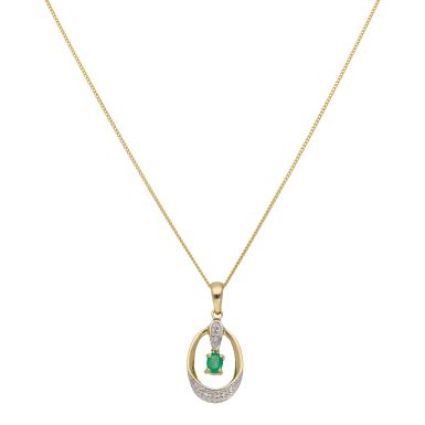 New 9ct Yellow Gold Emerald & Diamond Pendant & 18" Necklace