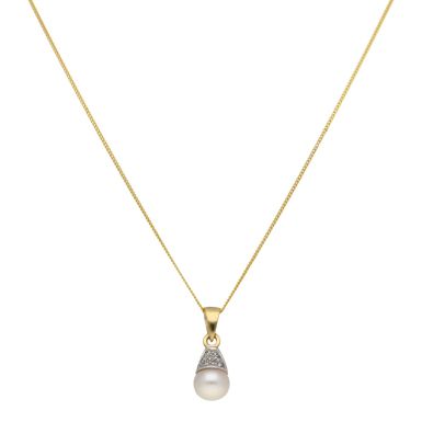 New 9ct Yellow Gold Cultured Pearl & Diamond 18" Necklace