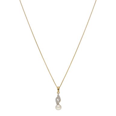 New 9ct Yellow Gold Cultured Pearl & Diamond Pendant & 18" Chain