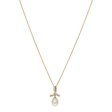New 9ct Yellow Gold Cultured Pearl & Diamond & 18" Necklace