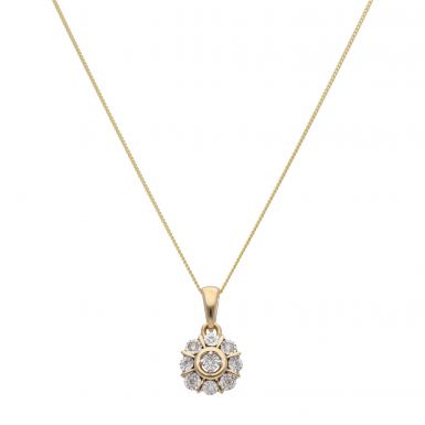 New 9ct Yellow Gold Diamond Cluster Pendant & 18" Chain Necklace