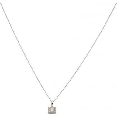 New 9ct White Gold Princess Cut Diamond Pendant & 18" Necklace