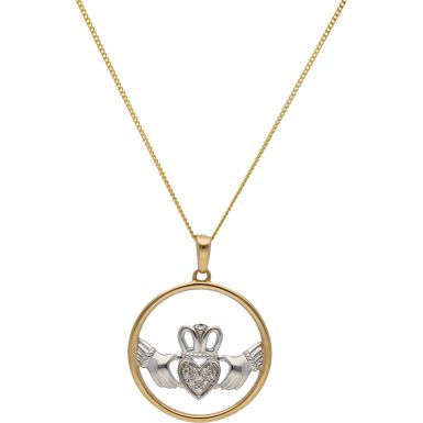 New 9ct 2 Colour Gold Diamond Claddagh & 18" Chain Necklace