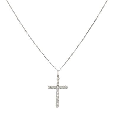 New 18ct White Gold 0.28ct Diamond Cross & 16-17" Necklace