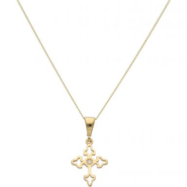 New 9ct Yellow Gold Gemstone Set Cross & 18" Chain Necklace