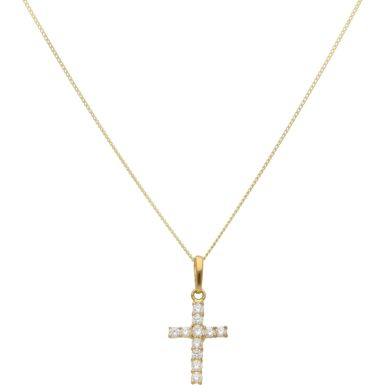 New 9ct Yellow Gold Cubic Zirconia Cross Pendant & 18" Necklace
