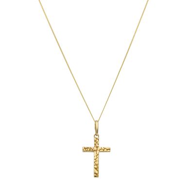 New 9ct Yellow Gold Nugget Pattern Cross & 20" Chain Necklace