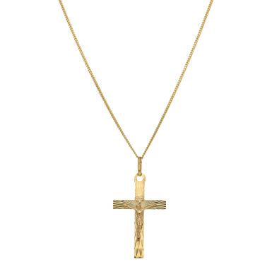 New 9ct Yellow Gold Sunray Crucifix Pendant & 20" Necklace