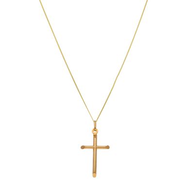New 9ct Yellow Gold Tube Cross Pendant & 18" Necklace
