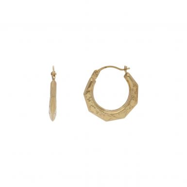 New 9ct Yellow Gold Patterned Round Creole Earrings
