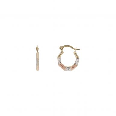 New 9ct 3 Colour Gold Heart & Kisses Small Creole Hoop Earrings