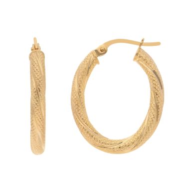 New 9ct Yelllow Gold Oval Twisted Patterned Hoop Earring