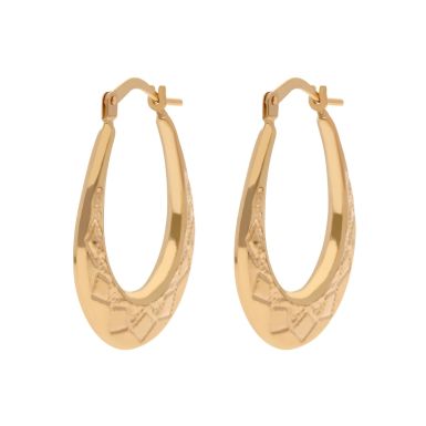 New 9ct Yellow Gold Oval Harlequin Patterned Hoop Earrings