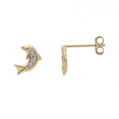 New 9ct Yellow Gold Cubic Zirconia Dolphin Stud Earrings