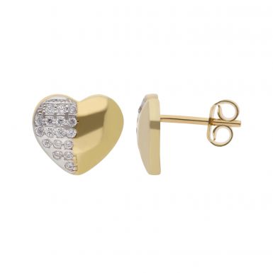 New 9ct Yellow Gold Cubic Zirconia Heart Stud Earrings