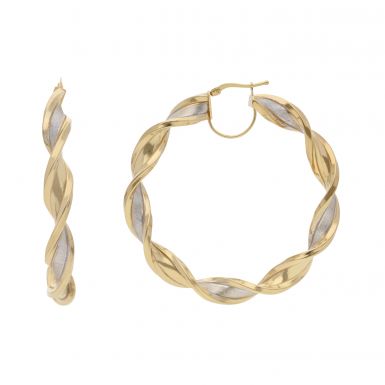 New 9ct 2 Colour Gold 55mm Satin & Polished Hoop Earrings