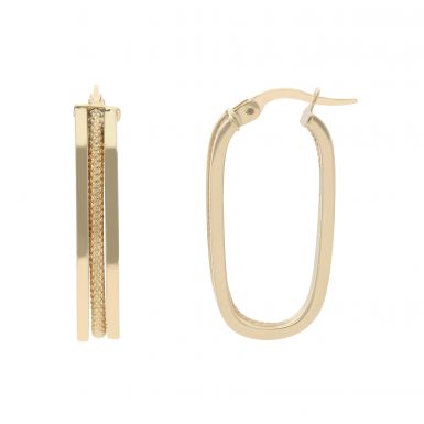 New 9ct Yellow Gold Textured & Polished Rectangle Hoop Earrings
